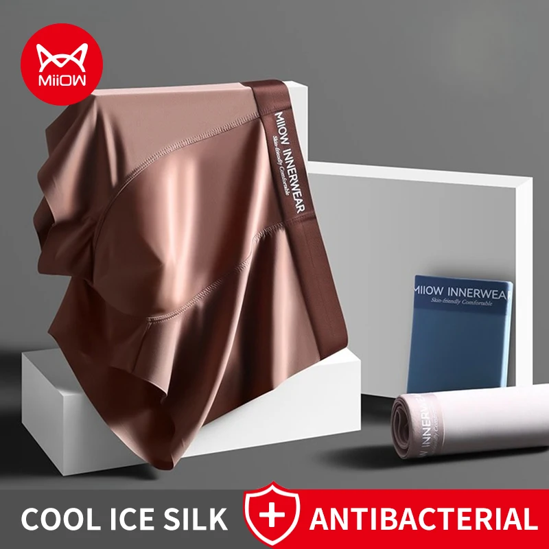 MiiOW 3Pcs Summer Ice Silk Men Underwear Boxers 10A Antibacterial Crotch Men's Panties Silky Breathable Man Underpants Trunks