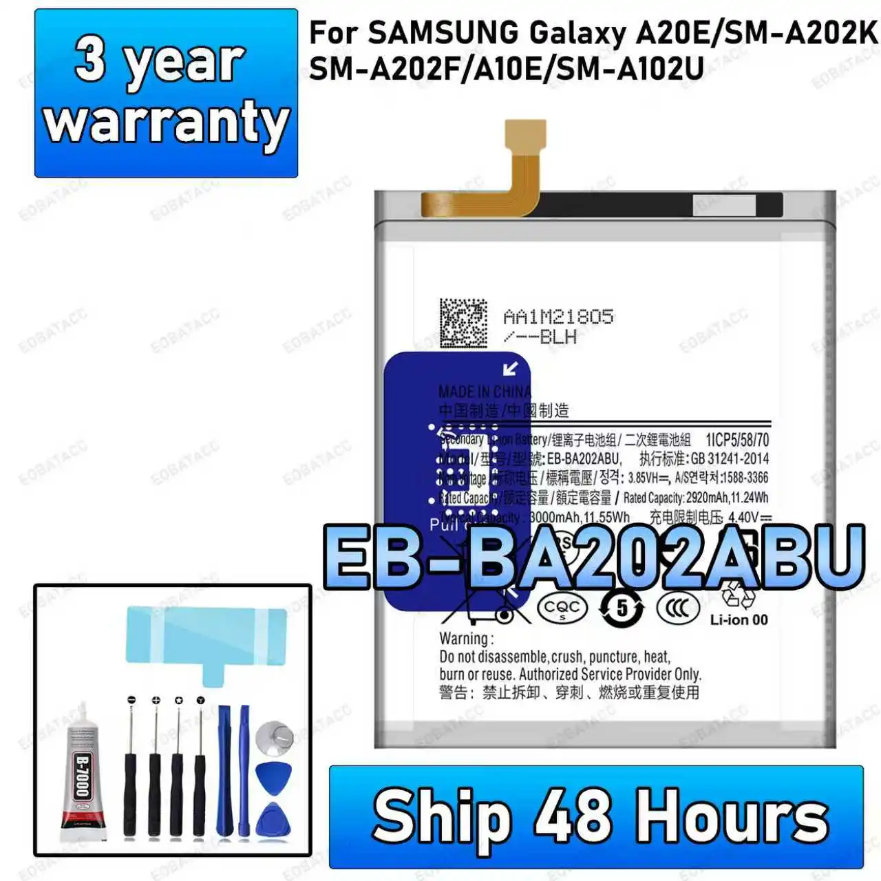 

100% New High Quanlity EB-BA202ABU Battery For SAMSUNG GALAXY A20E/SM-A202K/A10E/SM-A102U Replacement batteria+Free tools