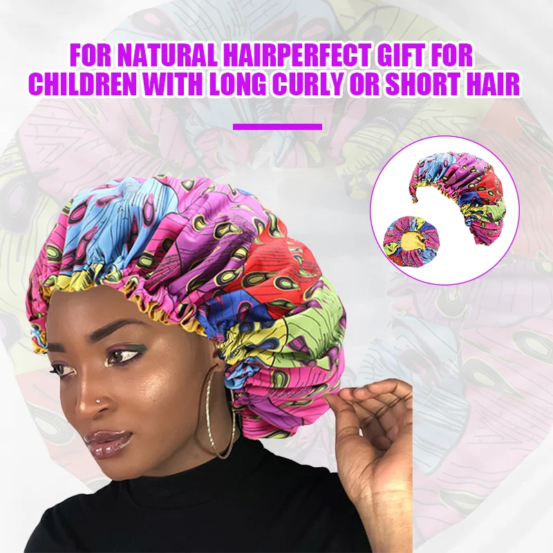 African Kids Print Hair Caps Ankara Bonnet Stain Silky Big Bonnet Children Sleep Night Cap Headwrap Hat Hair Wrap Styling Tools