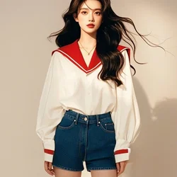 Vintage Women's Blouses Spring/Summer New Korean Shirts Loose Long Sleeves Patchwork Top Fashion Sailor Collar Clothing Sales