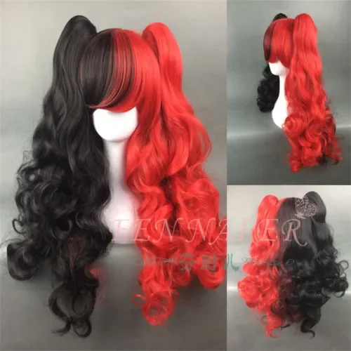 Free ship Harley Quinn Black red wavy hair cosplay synthetic long 2 Ponytail wig