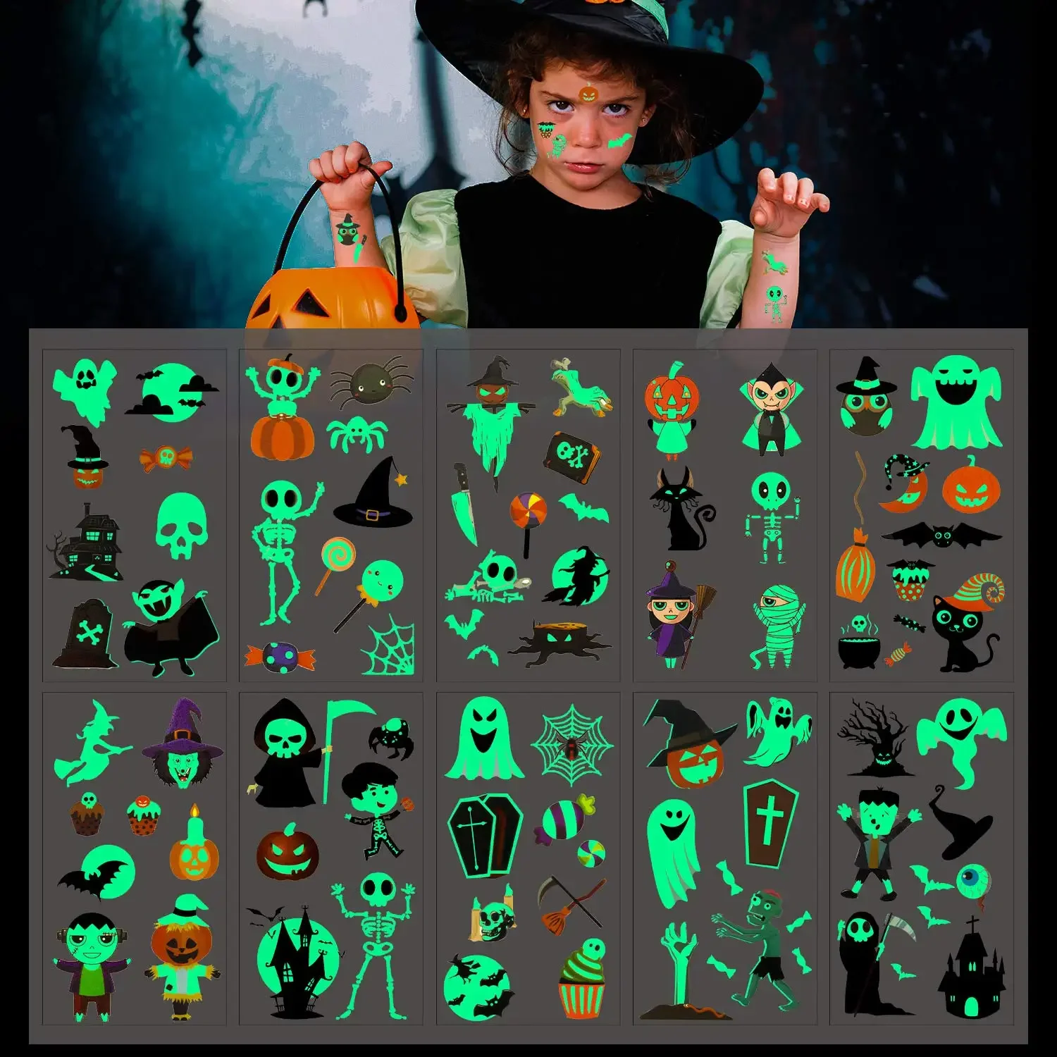 10Sheets Halloween tattoo stickers waterproof sweat fluorescent disposable tattoo stickers children cartoon face tattoo stickers