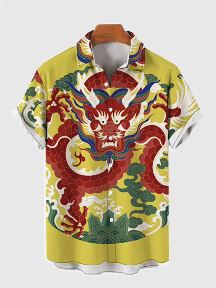 Men\'s Chinese Dragon Printed Shirt Hawaiian Casual Shirts Men\'s Chinese Style Trendy Shirt Summer Fashion Short Sleeved Shirts