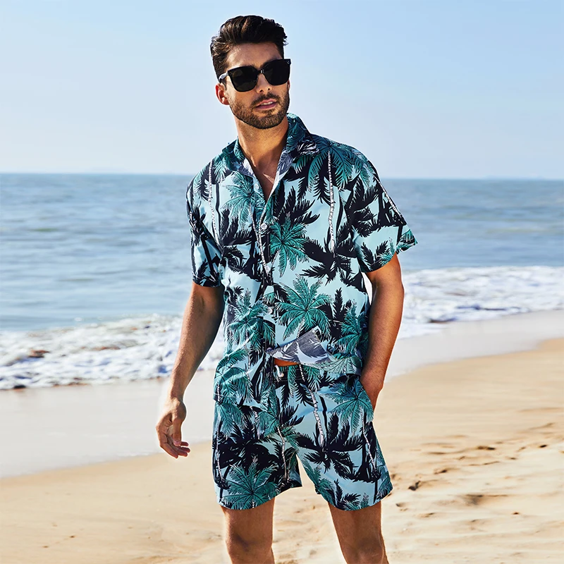 2024 Men\'s Sets 2 Piece Hawaiian Shirts and Shorts Sets Floral Printing Casual Beach Shirts Outfits Men Holiday Wear Summer