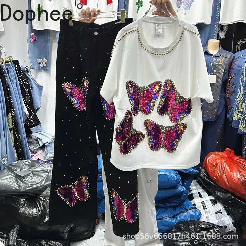 

American Street Lady Two-piece Set Beads Sequins Butterfly Diamonds Short Sleeve T-shirt Top + High Waist Black Straight Jeans