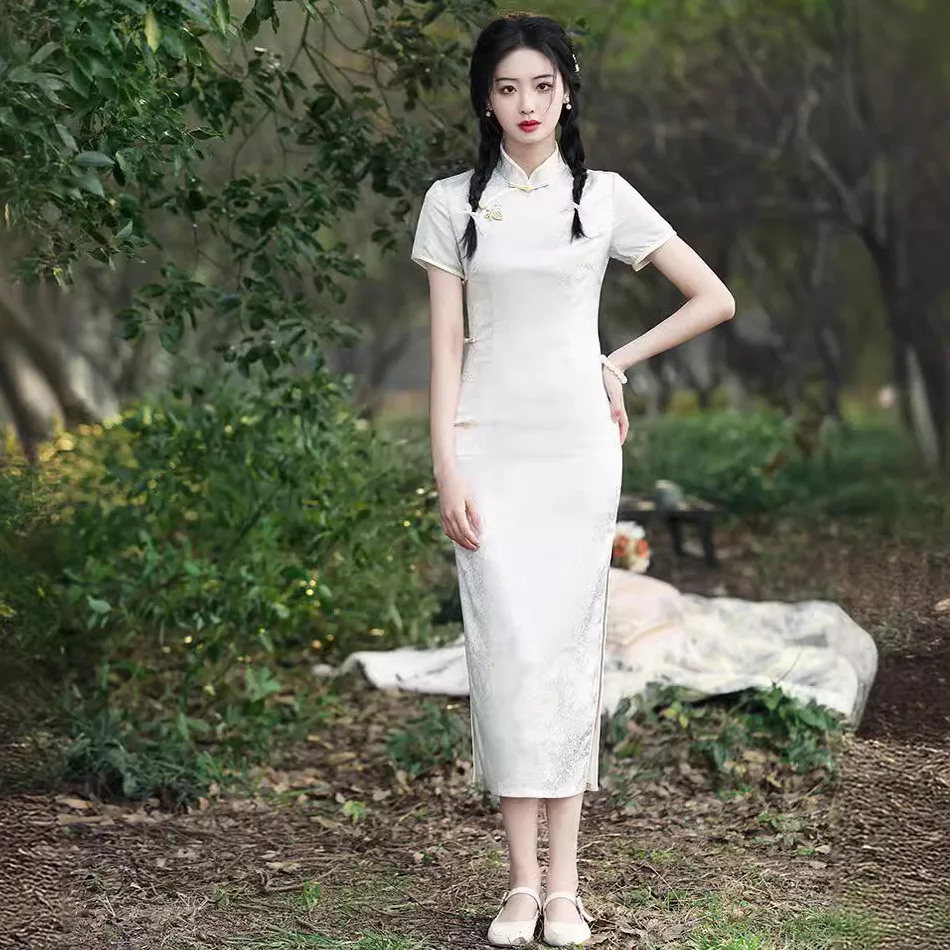 

Lady Sexy Jacquard Satin Long Cheongsam Traditional Short Sleeve Qipao Oriental Womens Elegant Evening Dress Gown