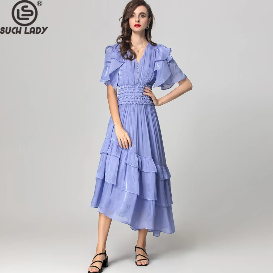 فساتين نسائية مثيرة بياقة على شكل V وأكمام قصيرة وخصر مطاطي وكشكشة متدرجة غير متماثلة أنيقة غير رسمية