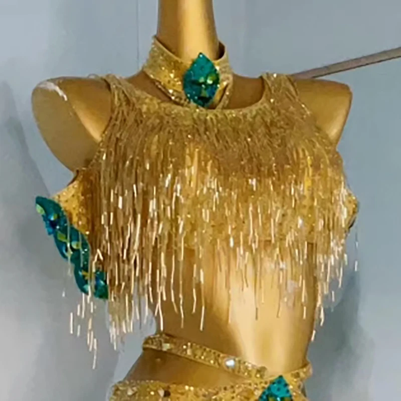 

Latin Dance Competition Women's High-end Custom Retro Golden Tassel Design Cha Cha Samba Performance Rhinestone Dress