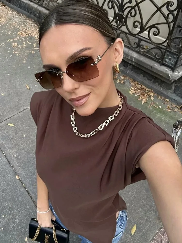 

BWQ 2025 Women Top Ruffled Asymmetric Tops For Women Tanks & Camis Ruched Sleeveless Tops Vest Burgundy Brown Black Tank Tops