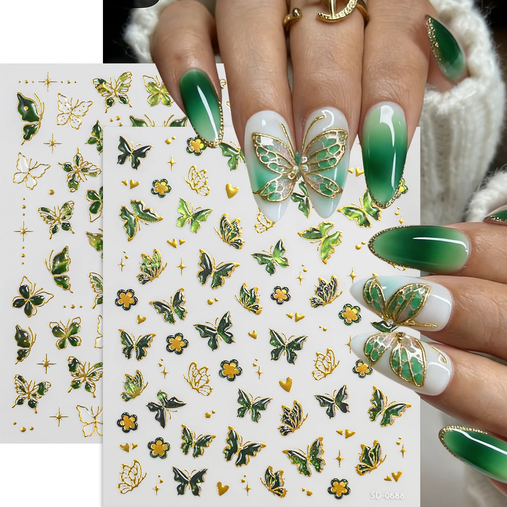 

1 шт. 5D объемные градиентные зелено-розовые наклейки для ногтей с бабочками и звездами, позолоченные желейные стикеры-бабочки, весенние сказочные декоративные наклейки для ногтей