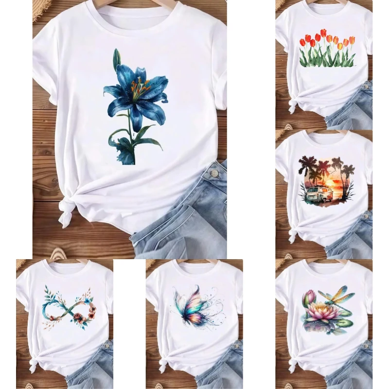 

Creative Flower O-neck Tshirt Short Sleeve T-shirt Female Women Clothing Funny Women Casual Aesthetic T-shirts Girl T-shirts