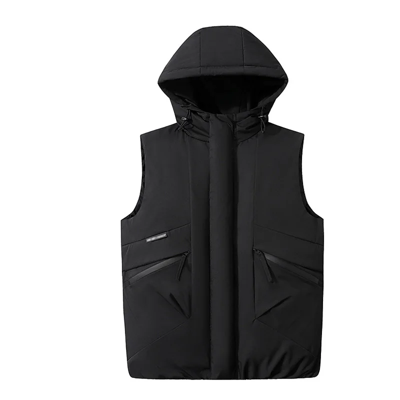 

Winter Man Down Vest Thicken Warm Solid Color Zipper Male Cargo Waistcoat Fashion Sleeveless Loose Daily Men Hooded Coat