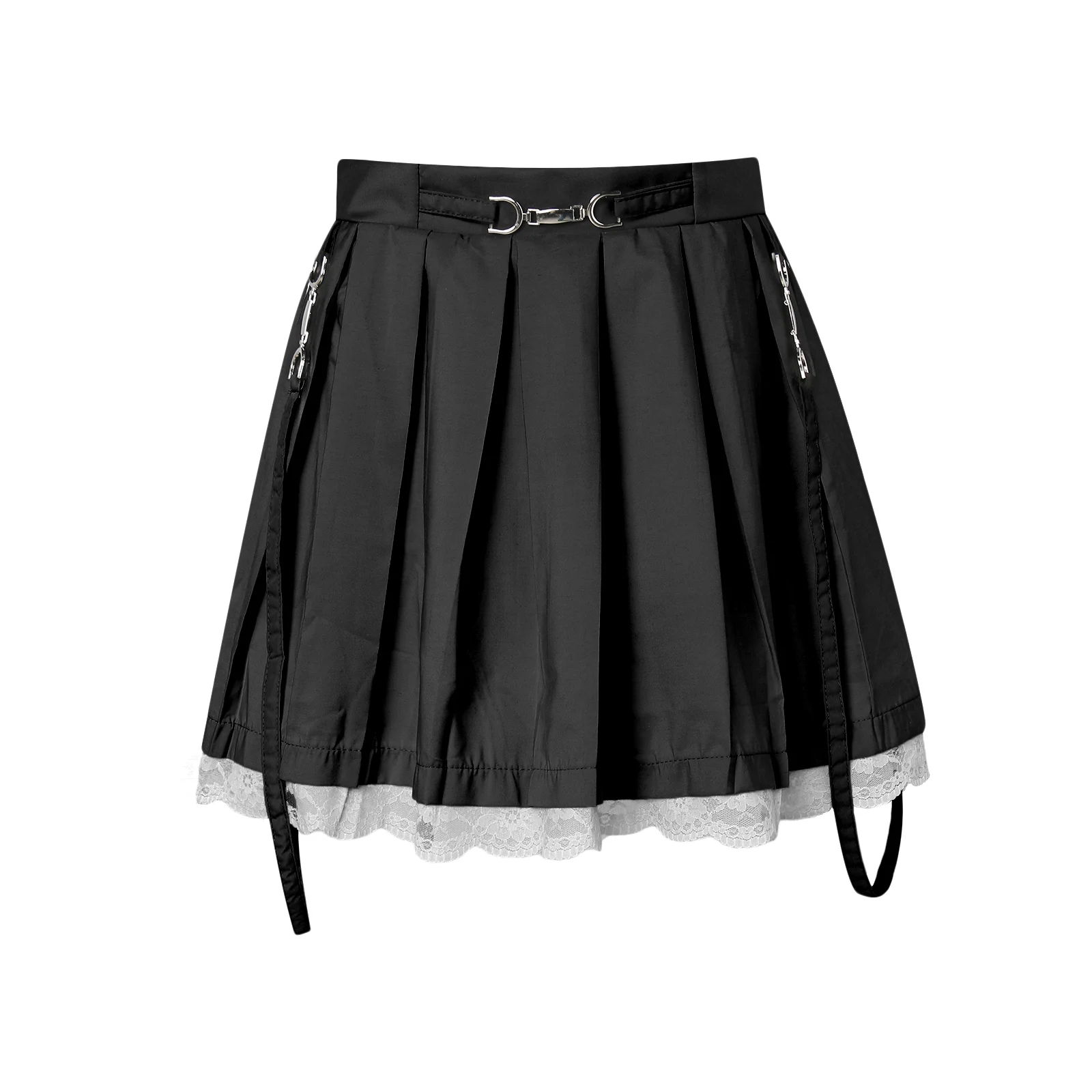 Women Y2K Lace Hem Pleated Mini Skirts Solid Color High Waist Stretchy Tennis Skater Summer A-Line Short Skirt Bottom Streetwear