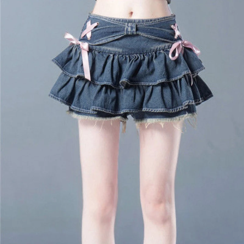 Trendy Sweet Bandage Bow Women Skirts Y2k Aesthetic A-line Pleated Mini Skirt High Waist Slim Streetwear Denim Faldas Grunge