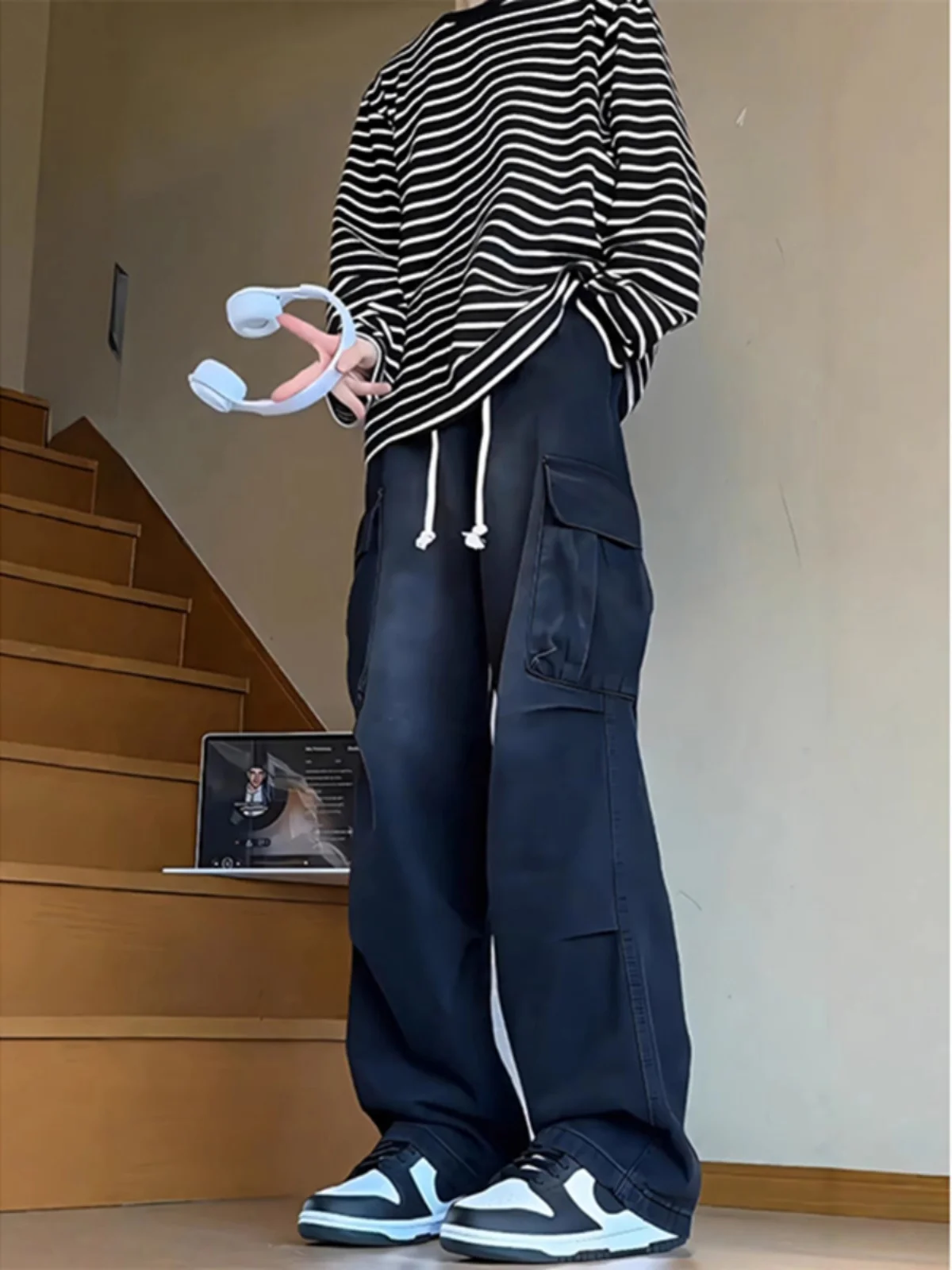 Tie Dye Drawstring Fleece Lined Straight Leg Men's Jeans Large Pockets Workwear Trousers American Style Youth Fashion