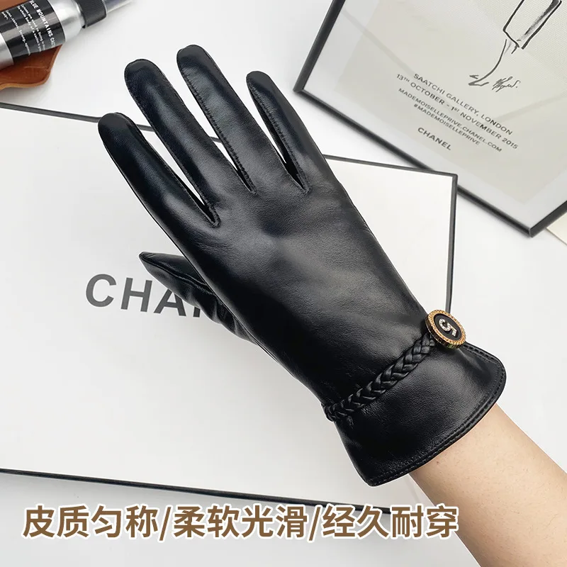 Genuine Leather Women Gloves Thickened Fleece Driving Cycling Cold Warm Touch Screen guantes invierno Sheepskin Gloves