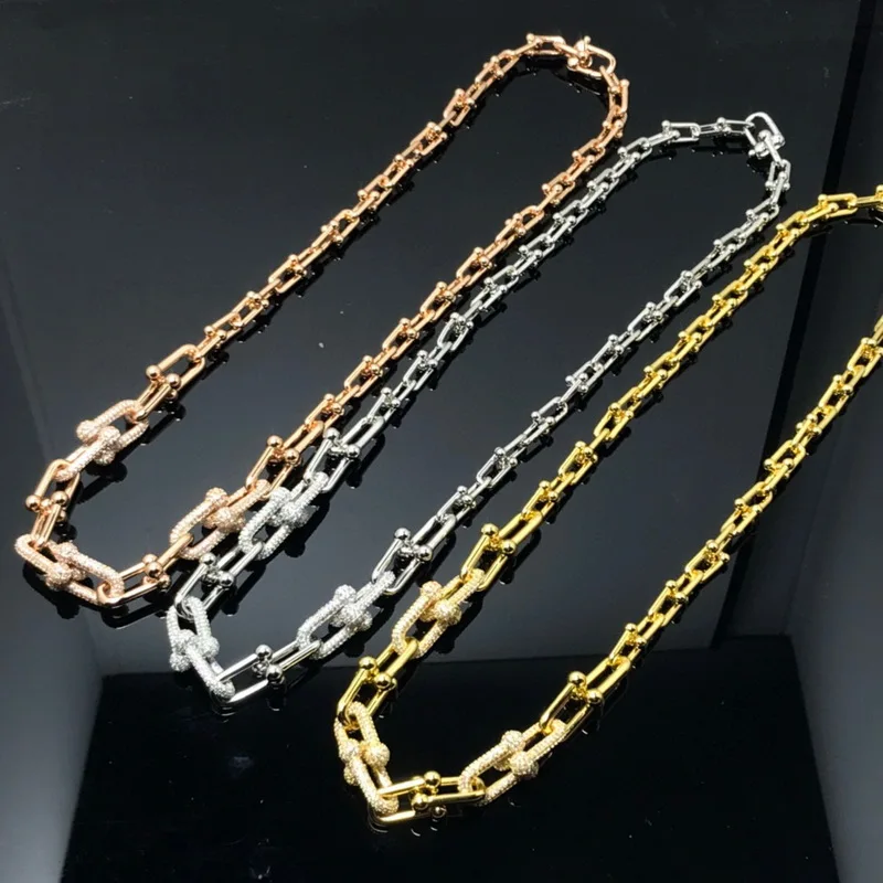 Europe America Classic Simple Style Men Women Lady Plated Gold Color Inlay Cubic Zircon U Shape Chain Necklace 3 Color