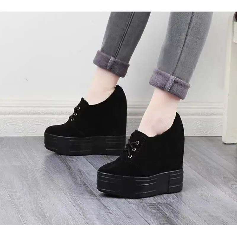 13CM Women Genuine Leather Suede Wedges Sneakers High Platform Casual Shoes Fashion Invisible Heels Thick Bottom Leisure Shoe