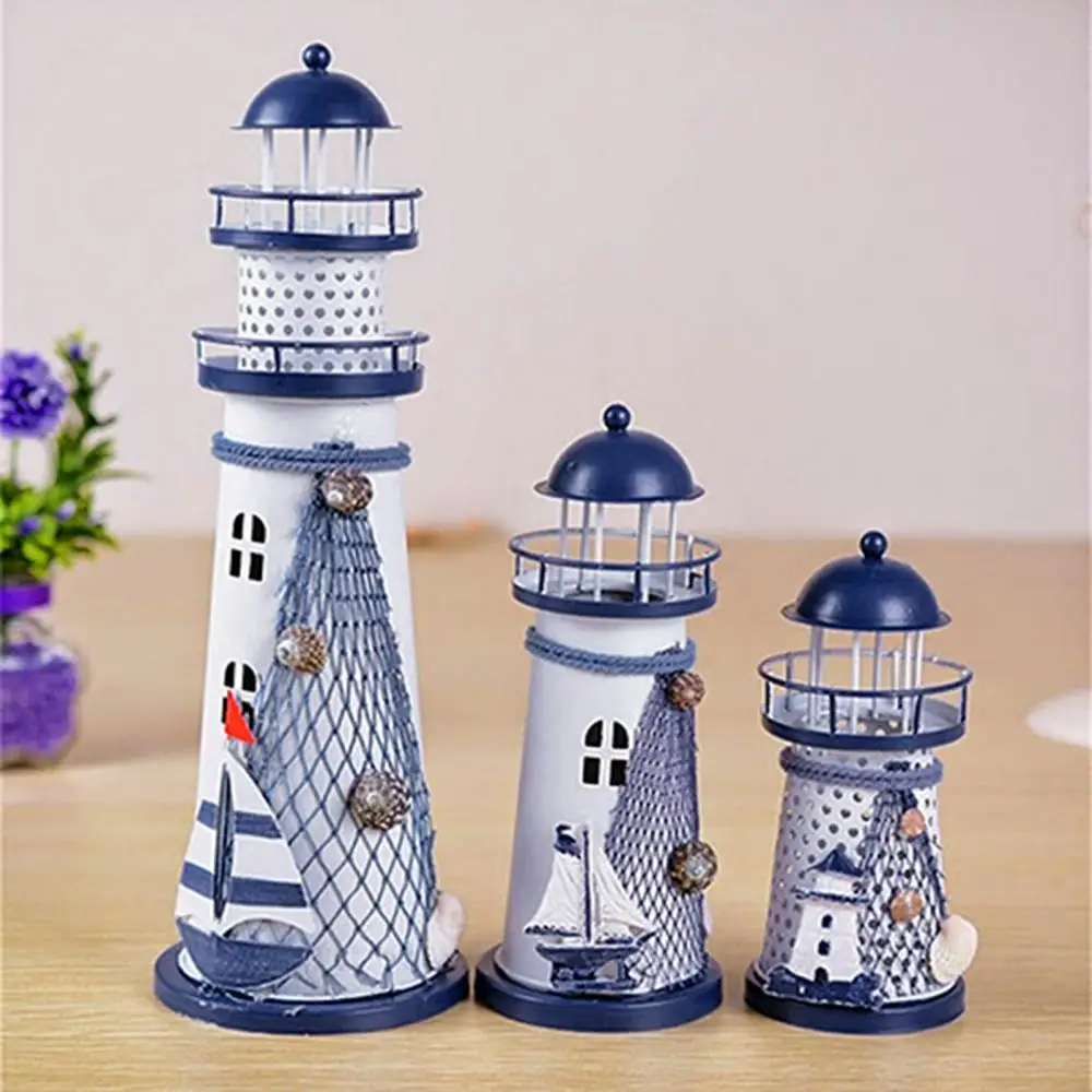 Metal Lighthouse Nautical Ocean Flash Lighthouse Fishing Net Starfish Shell Metal Beacon Tower Marine Iron Handicraft Ornament