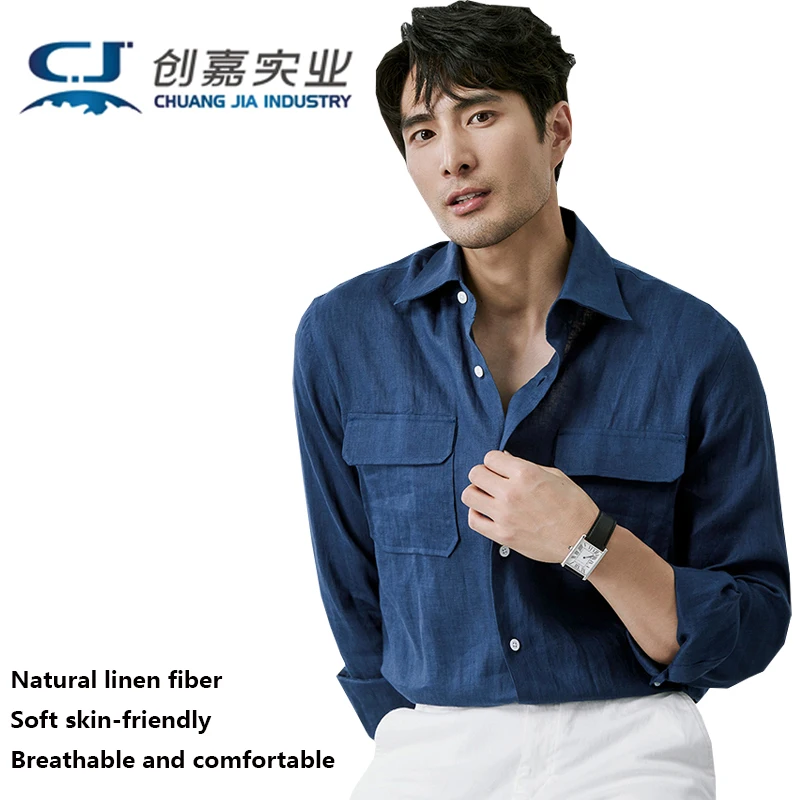 High-end Natural Pure Linen Men's Long-sleeved Shirt, Workwear Style Suitable Outdoor Leisure Travel, Breathable Sweat-absorbent