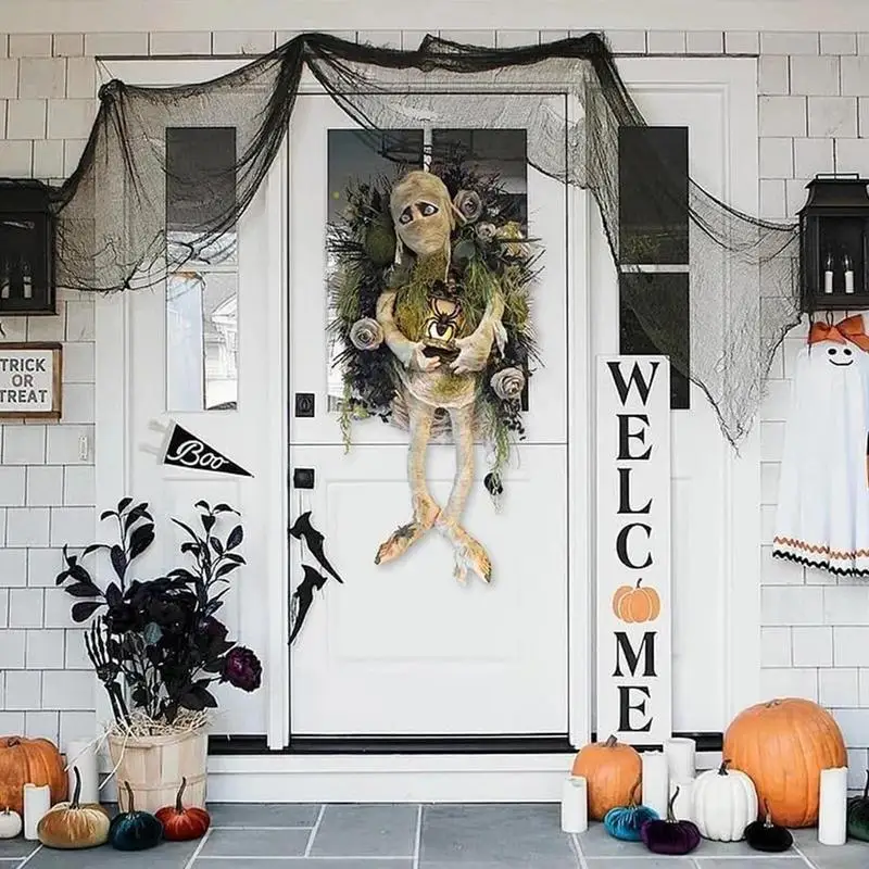 Halloween Decorations Mummy Wreath Front Door Scary Mummy Welcome Wreath Halloween Door Sign Wreath For Outdoor Porch Decoration