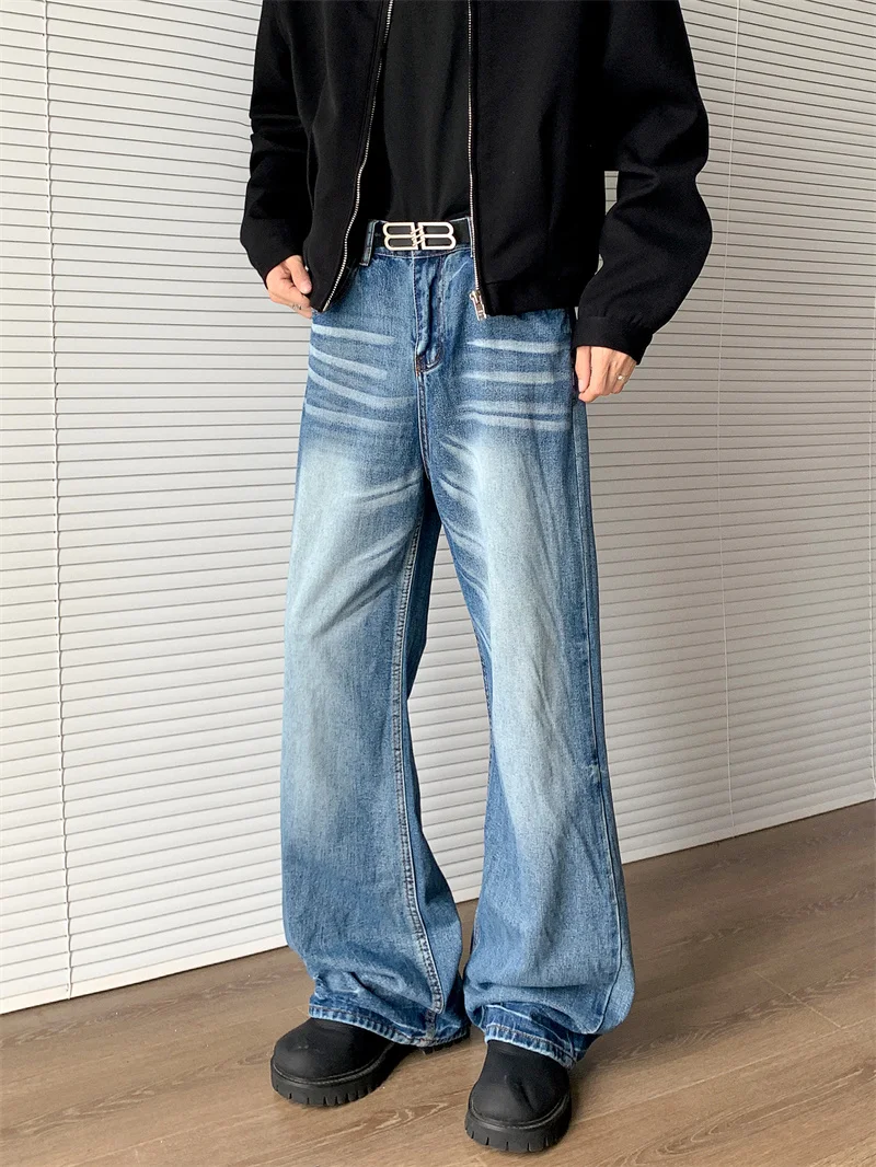 

Американские широкие джинсы в стиле High Street для мужчин, свободные прямые брюки, модные длинные штаны в стиле ретро, трендовые осенне-зимние брюки