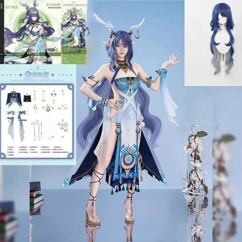 

Lauma Cosplay Costume Genshin Impact Lauma Wig Dress Frostmoon Scions Headwear Halloween Party Role-playing Costumes and Wig