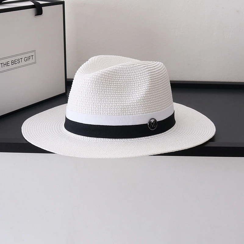 Sombrero de paja trenzada para hombre y mujer, sombrilla con protección solar, color blanco, Estilo Vintage, ideal para verano