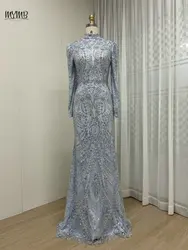 MYMB Luxury Beaded High Neck Long Sleeves Evening Wedding Guest Dress Muslim Elegant Blue Mermaid Party Gowns vestidos de gala