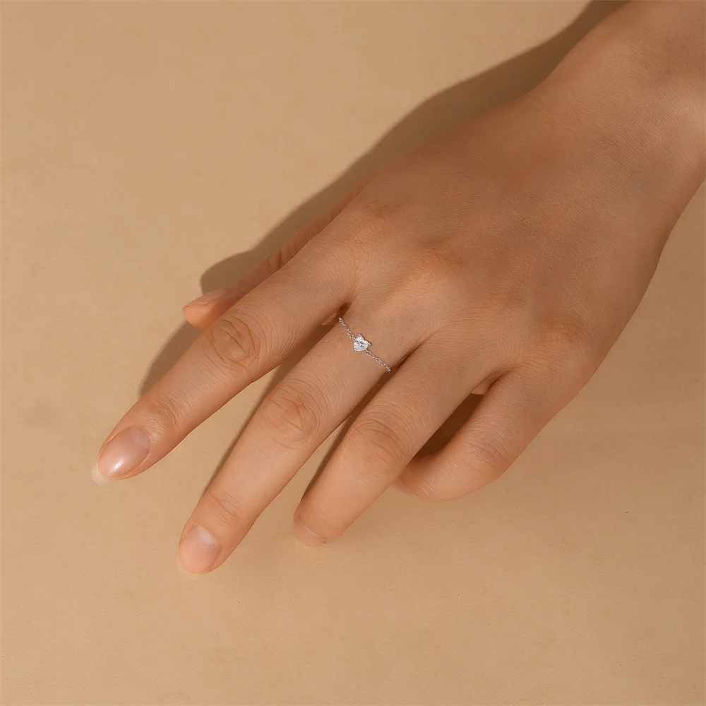 แหวนเงินแท้ S925 ประดับโมอิสซาไนต์แท้ ปรับขนาดได้ รูปหัวใจและสี่เหลี่ยม พร้อมสายลูกปัด สำหรับผู้หญิง เครื่องประดับเรียบหรู สามารถสวมซ้อนกันได้