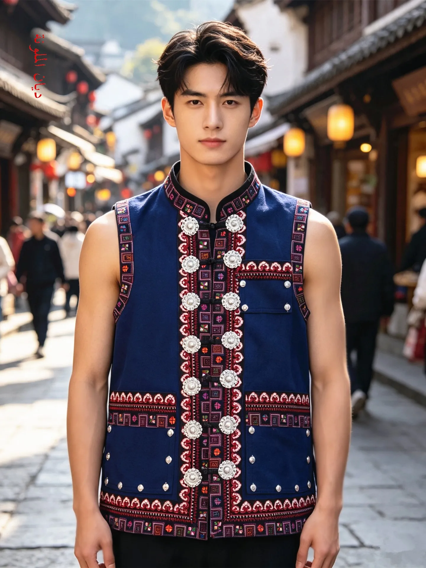 Blue Cotton Men's Jacket with Square Pockets And Embroidery Ethnic And Hani Styles Loose Fit Summer Dancewear for Youth