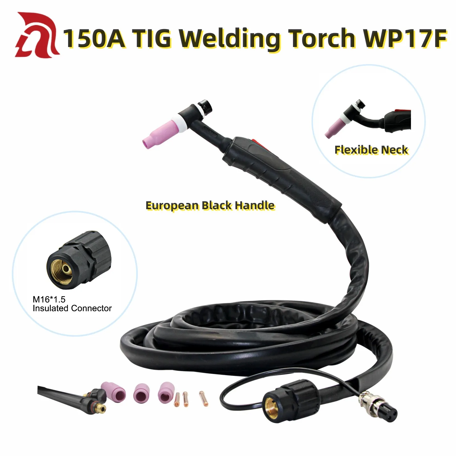 TIG Welding Torch WP17F Air-Cooled With 13ft Plug 16M-2 M16*1.5 Flexible Neck European Black Handle