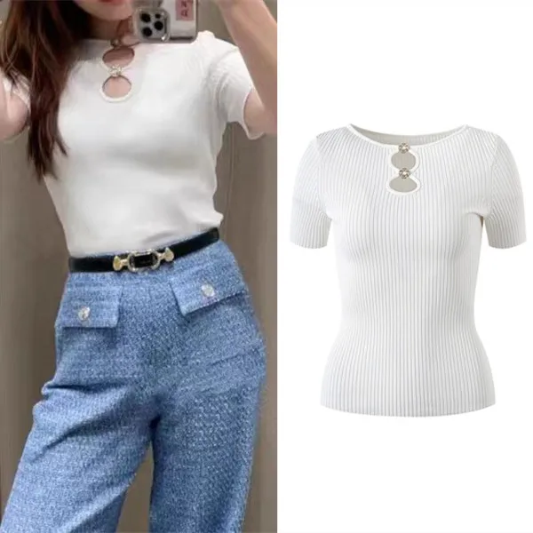 

High-End Version European Sle Women's Slim Fit ort Sve round Ne Knitted T-irt Top Sweet Sle Spring 2024