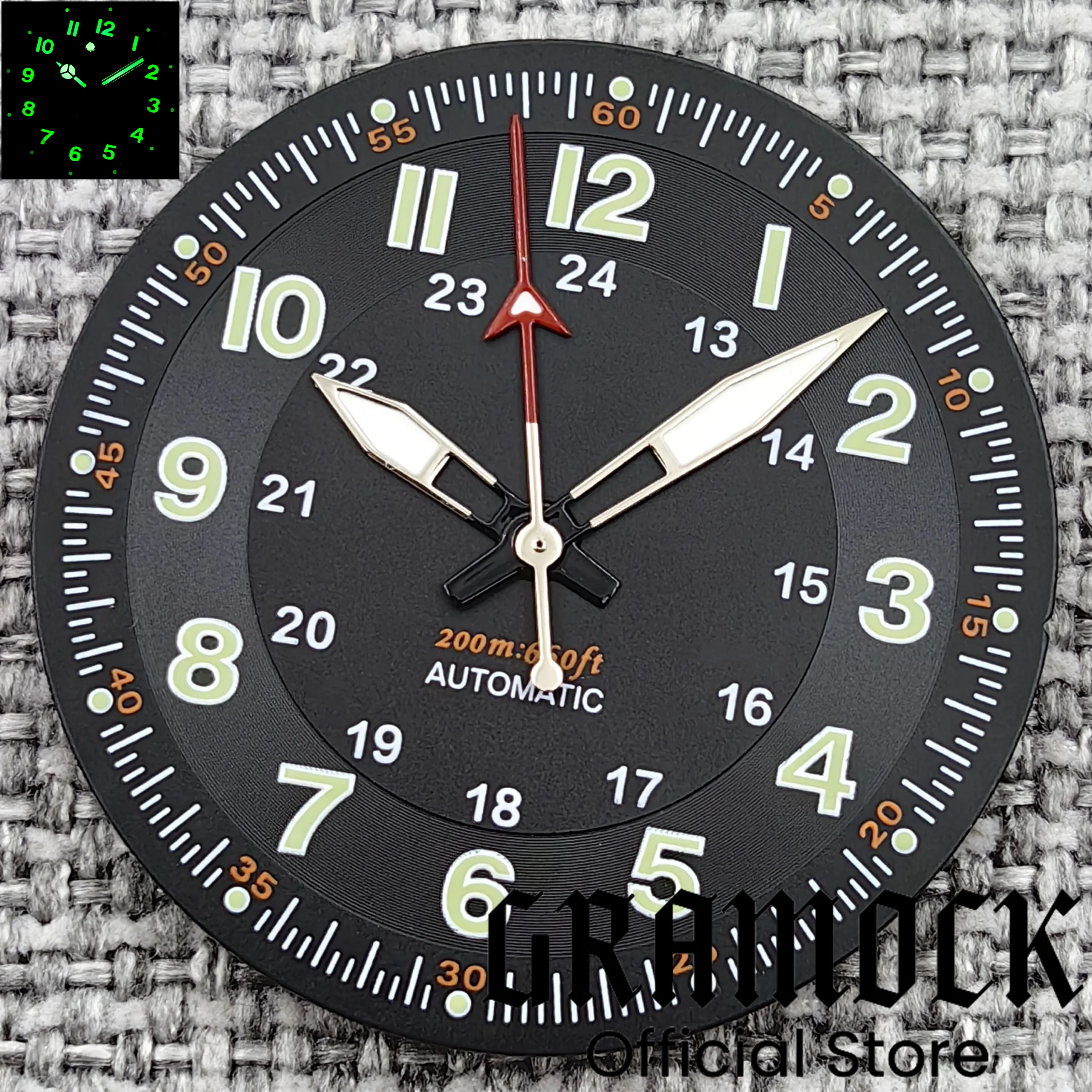 GRAMOCK Classics Sterile 29mm Pilot Black Watch Dial Part for NH35/36 ETA PT5000 Miyota Mingzhu DG ST2130 Movement Part Hand Set