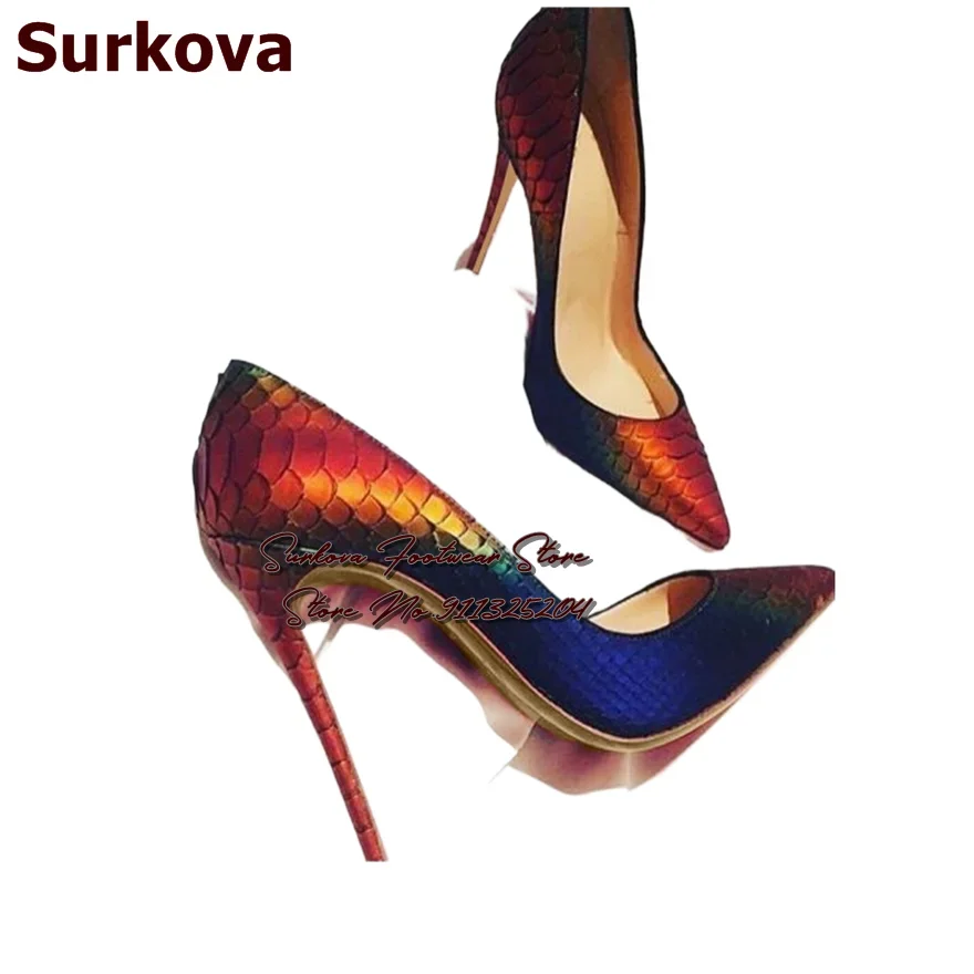 Surkova Sexy Gradient Color Snakeskin High Heel Shoes Red Green Blue Color Patchwork Python 12cm Dress Pumps Size45 Dropship