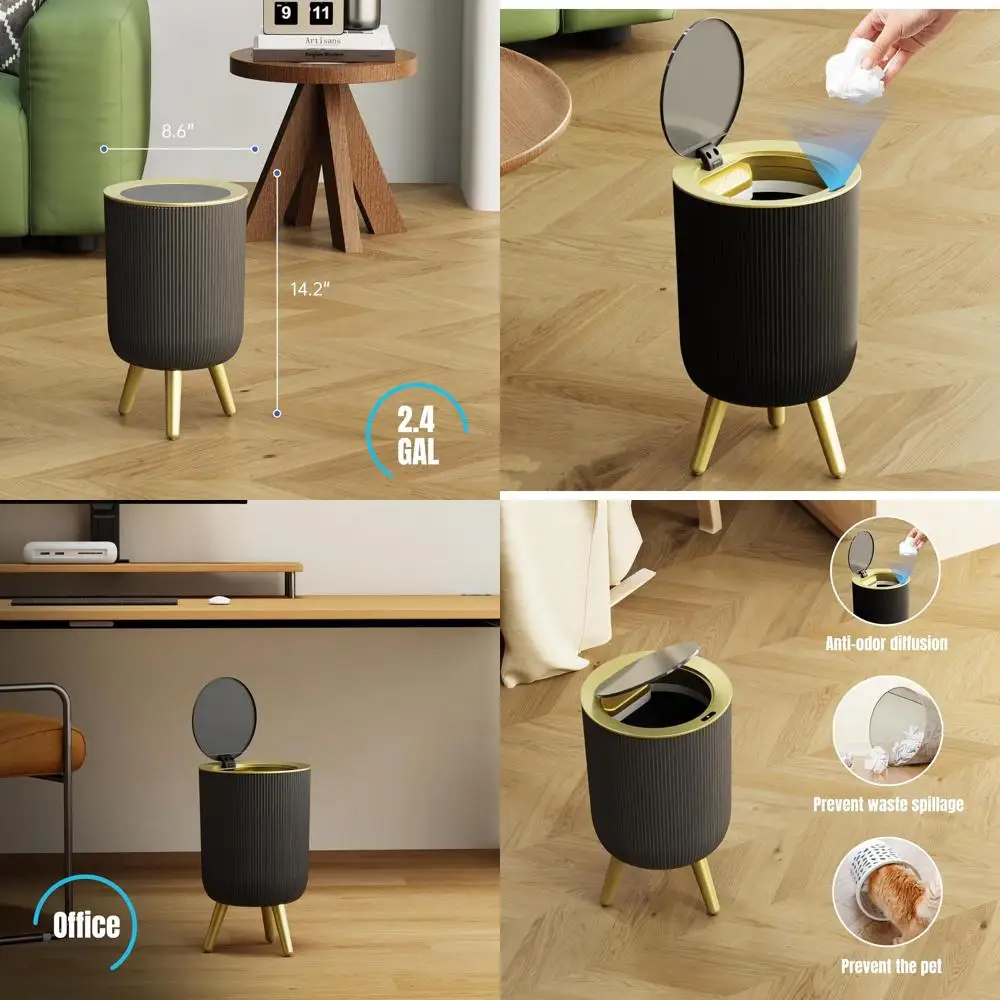 

Бесконтактный мусорный бак емкостью 2,4 галлона, черный и золотой, для ванной комнаты, кухни, спальни, гостиной, офиса