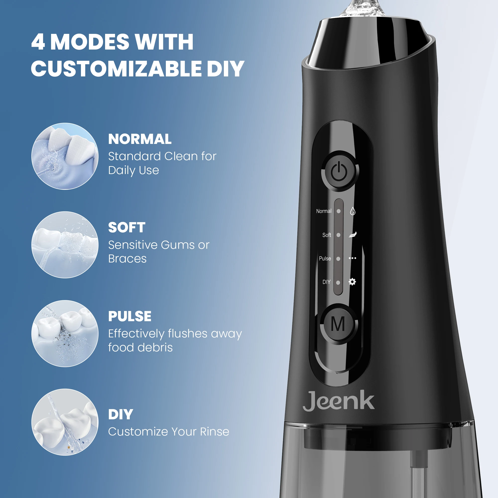 Jeenk جهاز تنظيف الأسنان بالماء JK-C3 عن طريق الفم الري قابلة للشحن المحمولة الأسنان IPX7 مقاوم للماء 4 طرق خزان المياه 320 مللي منظف الأسنان