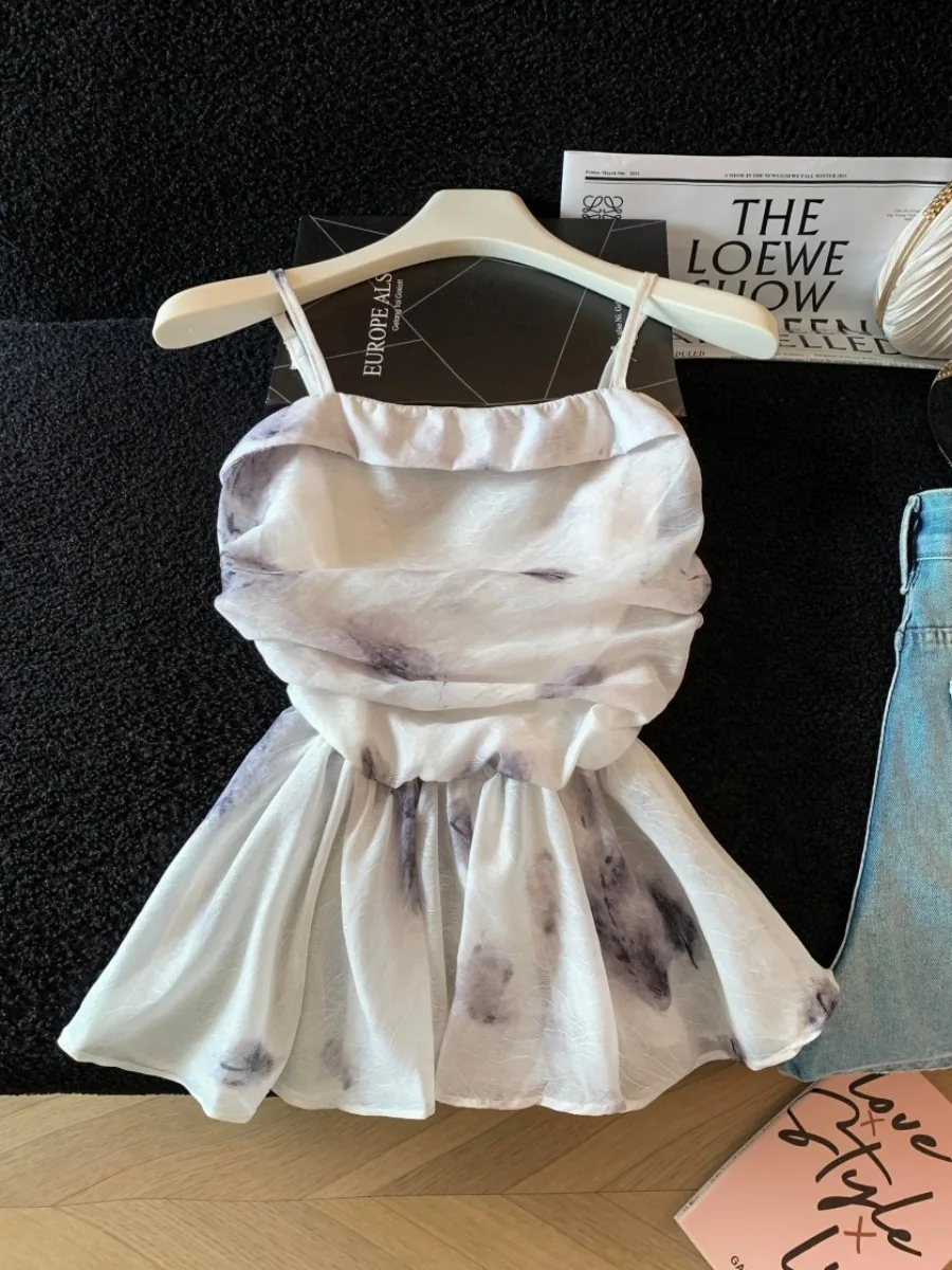 

Tie Dye Halter Vest Women's Slim Fit Summer New Style Sweet Cute Skirt Hemline Lace Top Fashionable Trendy Clothing