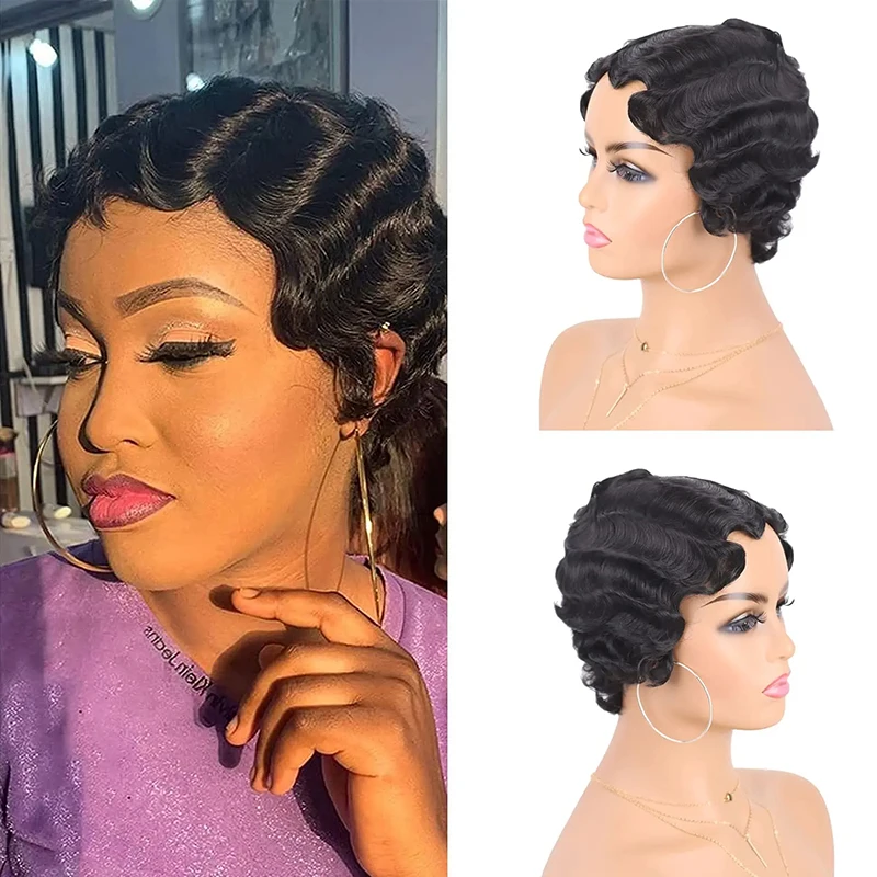 

Человеческие волосы, короткие волнистые вьющиеся парики, полностью машинное производство для чернокожих женщин, парик в стиле ретро, вьющийся парик с глубокими волнами для женщин