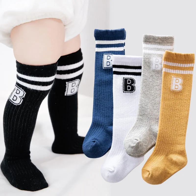 

B Letter Baby Long Socks Fashion Striped Infant Knee High Sock Autumn Winter Warm Kids Knit Stockings Boys Girls Cotton Footwear