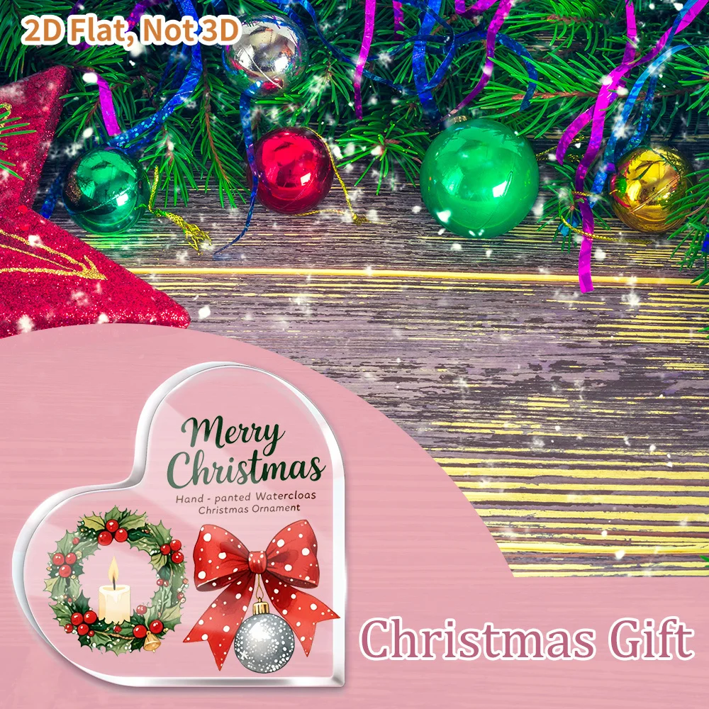 Merry Christmas Heart‑Shaped Acrylic Plaque, Holly Wreath Bow Bauble Table Decor