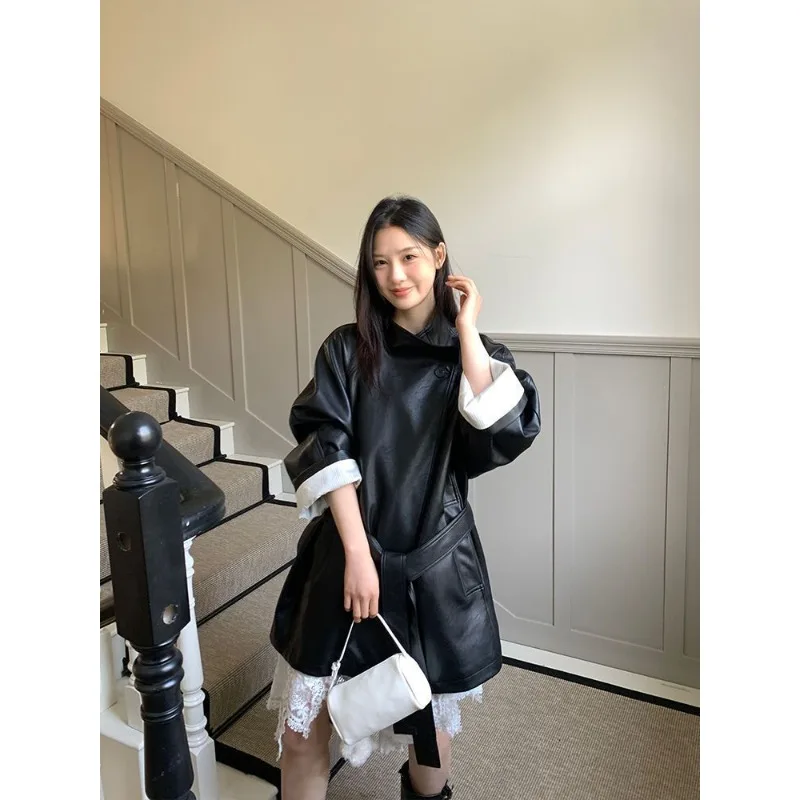 

Black Lace Up Waist Leather Jacket 2025 Women's Autumn New Design Casual and Loose Standing Collar Coat Female Clothing