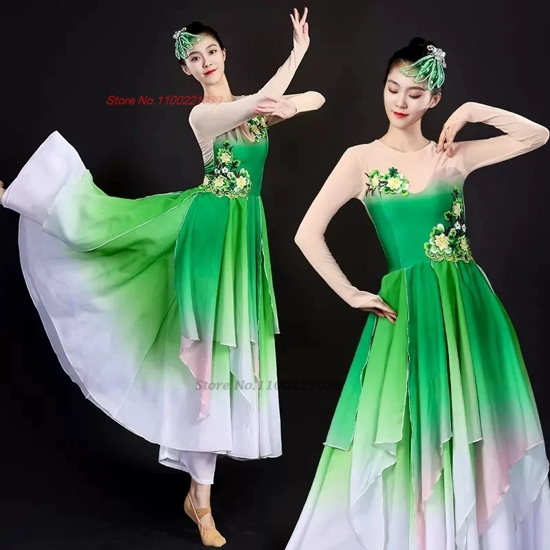 2025 chinese folk dance costume flower embroidery hanfu tops+pants set oriental folk dance practice stage performance dance suit