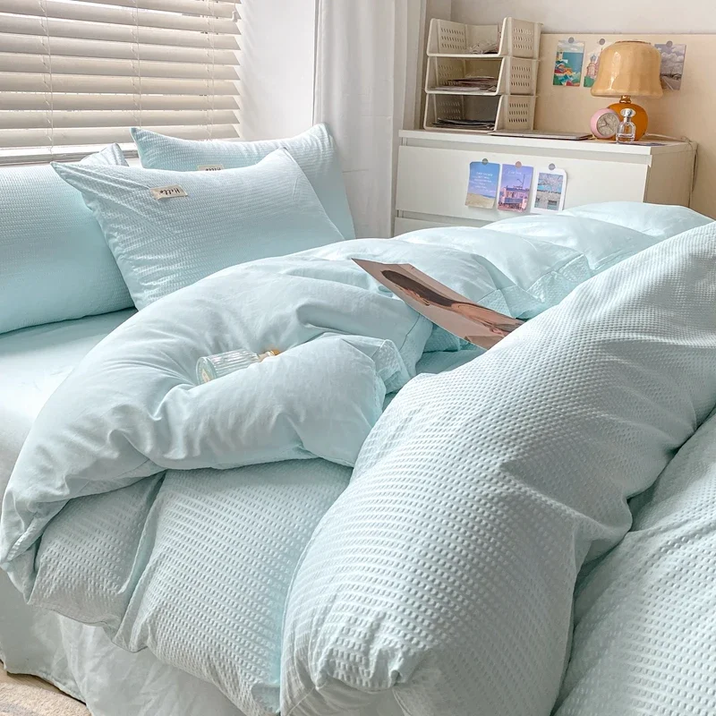 150/180/200CM Light Blue Brushed Bed Sheet Duvet Cover Pillowcase Four-piece Spring Autumn Bedding Set M048-4