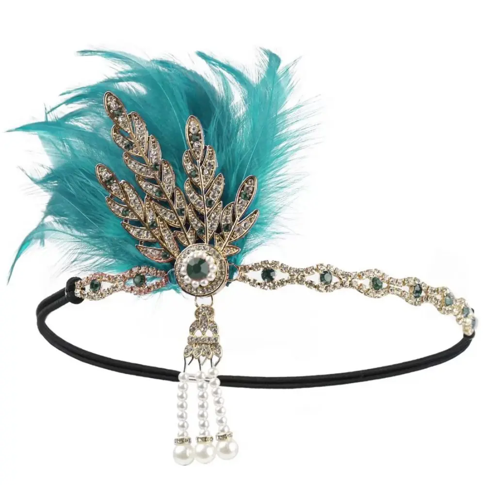 

Temperament Elegant Feather Headband Vintage Diamond Masquerade Hair Band 1920s Makeup Party Cosplay Dress Headwear Girls