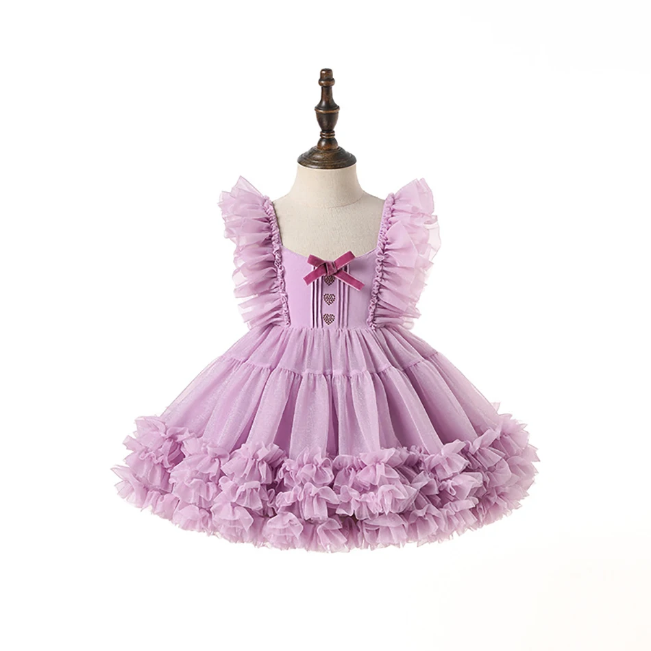 Spanish New Baby Lolita Princess Ball Gown Sleeveless Mesh Design Children Birthday Baptism Party Eid Tutu Dress For Girls