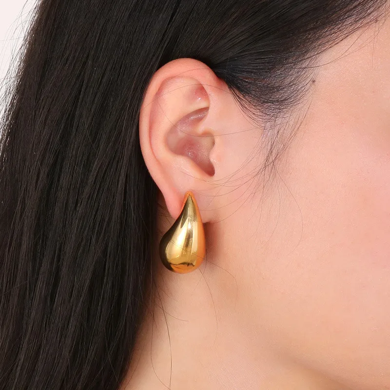 KMVEXO Stainless Steel Gold Plated Chunky Dome Water Drop Earring for Women Vintage Glossy Thick Teardrop Hoops Earrings Jewelry image 2