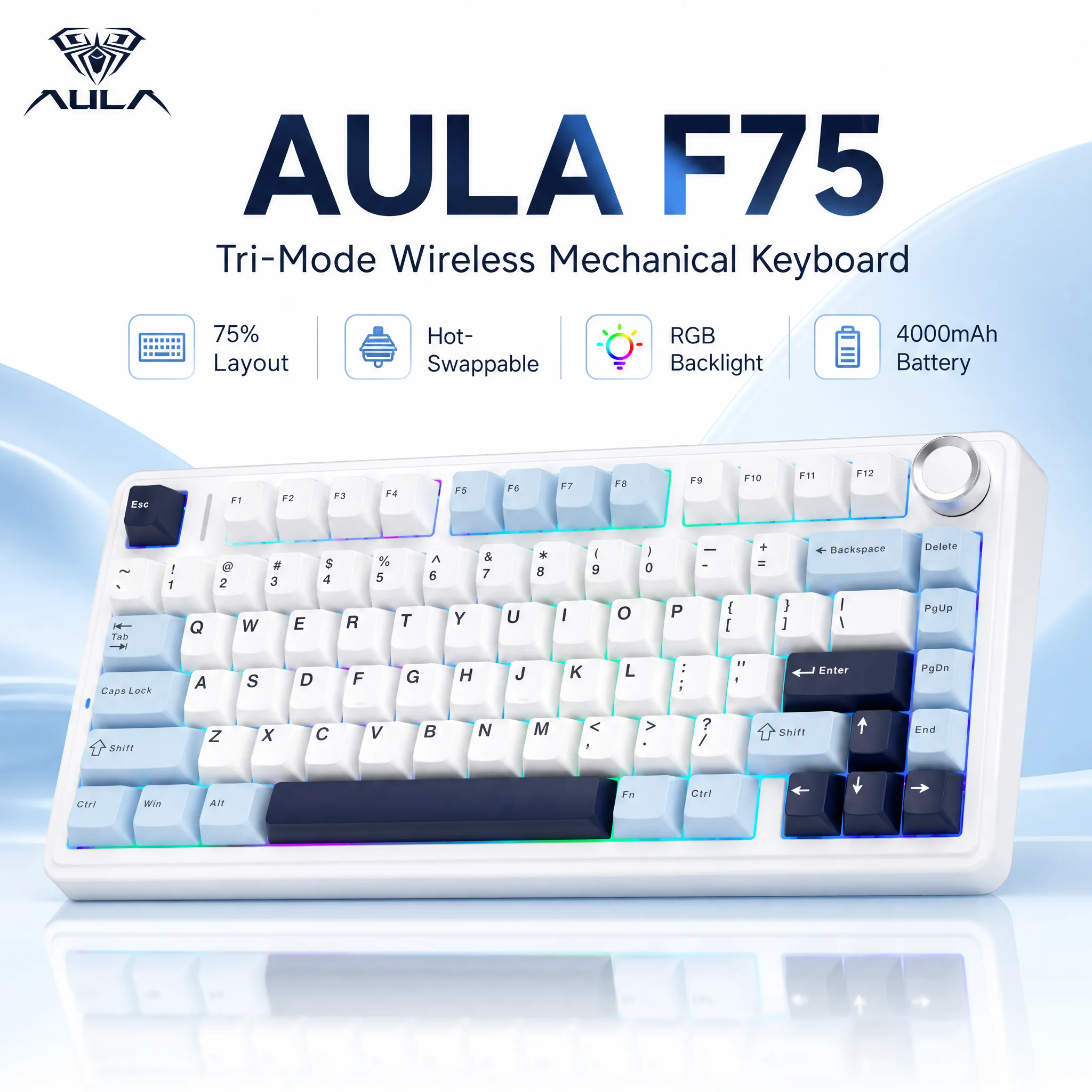 

AULA F75 Dual-Tone PBT 75% Keyboard, Wireless Tri-Mode, Gasket Hot-Swap, Creamy Pre-lubed Linear, RGB Gaming