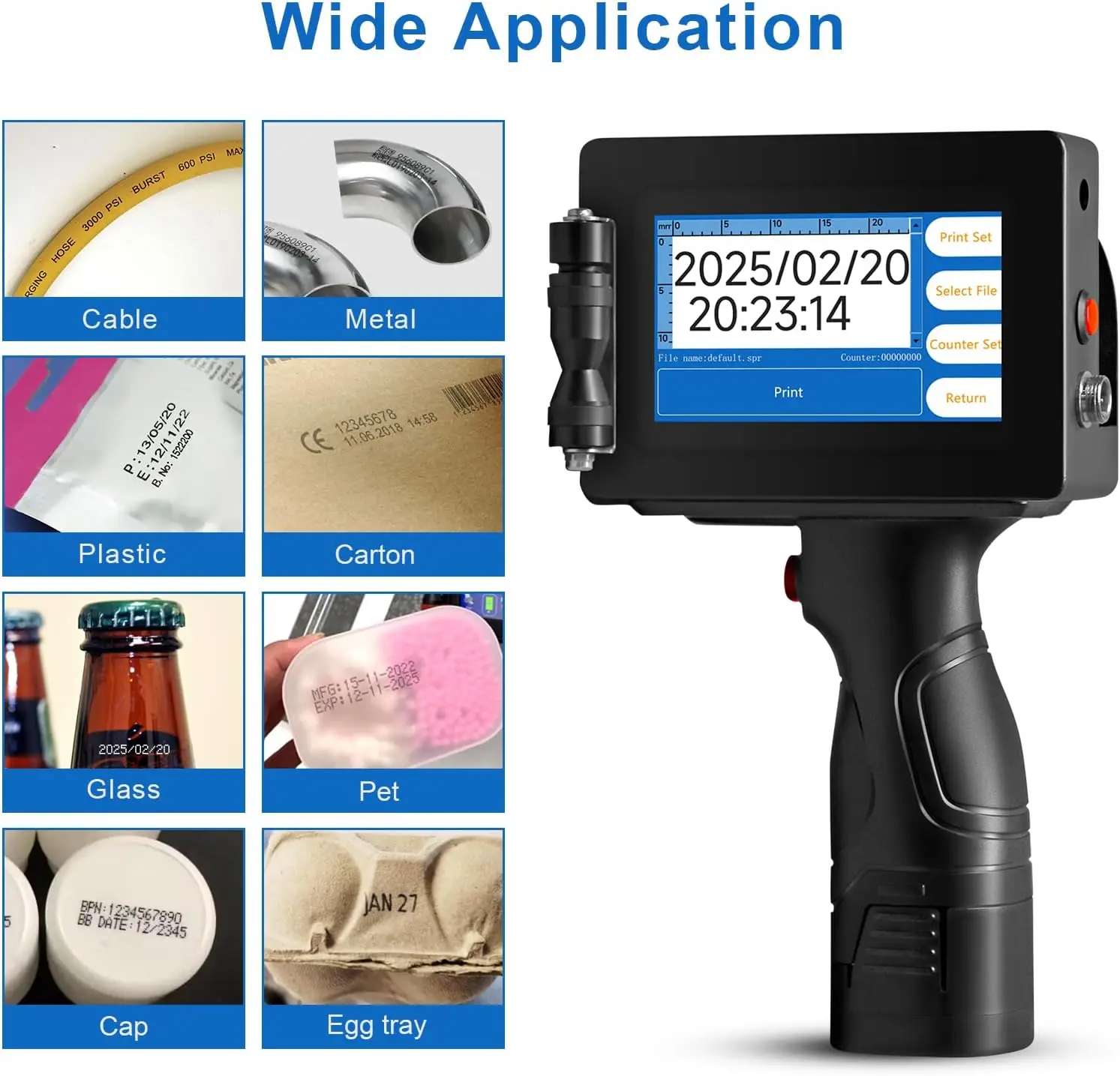 Portable Handheld Inkjet Date Batch Coding Bottle with Touch Screen,Adhesive on Wood/Acrylic