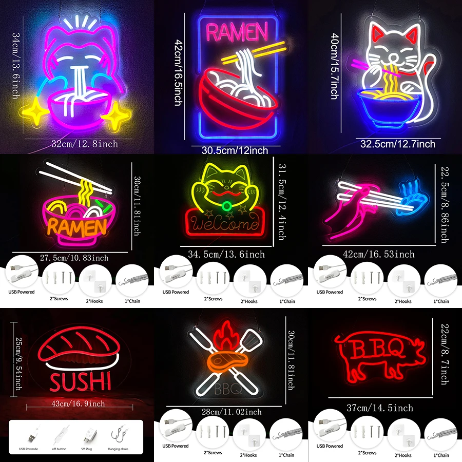 رامين النيون المعكرونة / السوشي بقيادة أضواء النيون لديكور الحائط النيون شواء تضيء تسجيل لنافذة متجر رامين مطعم، USB بالطاقة. #2